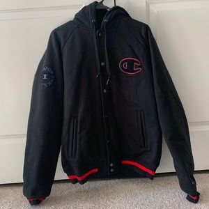 Champion Varsity Black and Red Hoodie Button Up